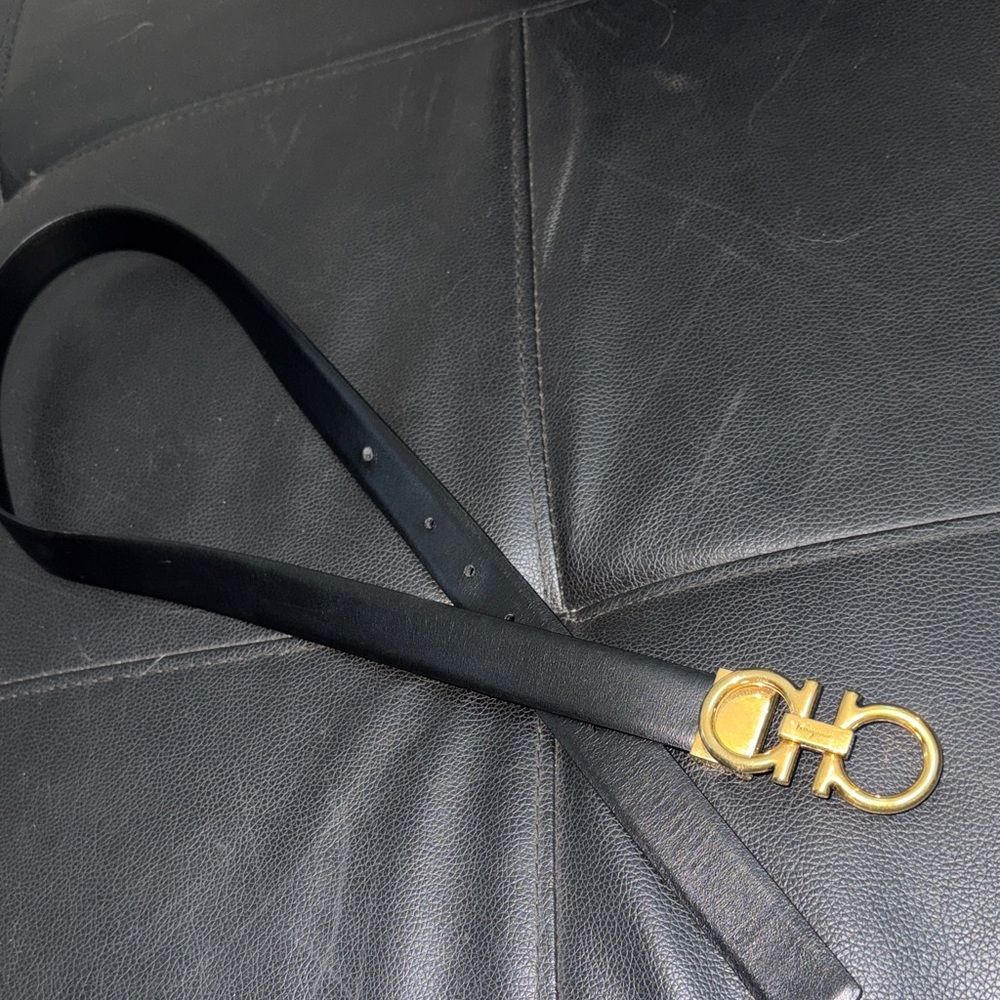 Salvatore Ferragamo Vintage Black Leather Belt with Gold Gancini Buckle
